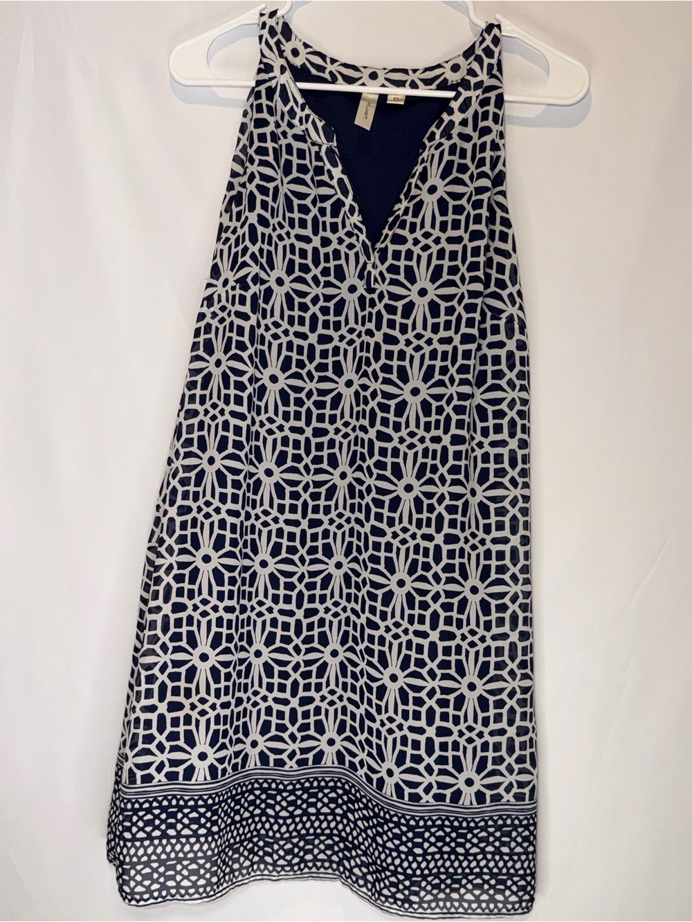Tacera Navy and White Geometric V-Neck Sleeveless Midi Dress